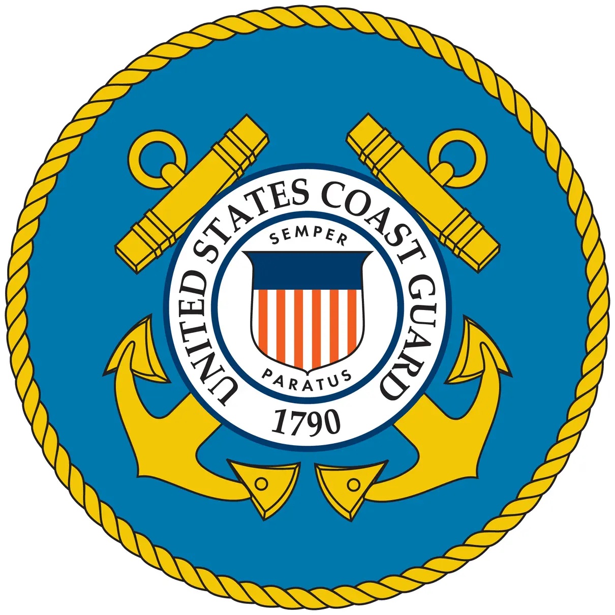 Emblem of the United States Coast Guard with anchors and rope design.