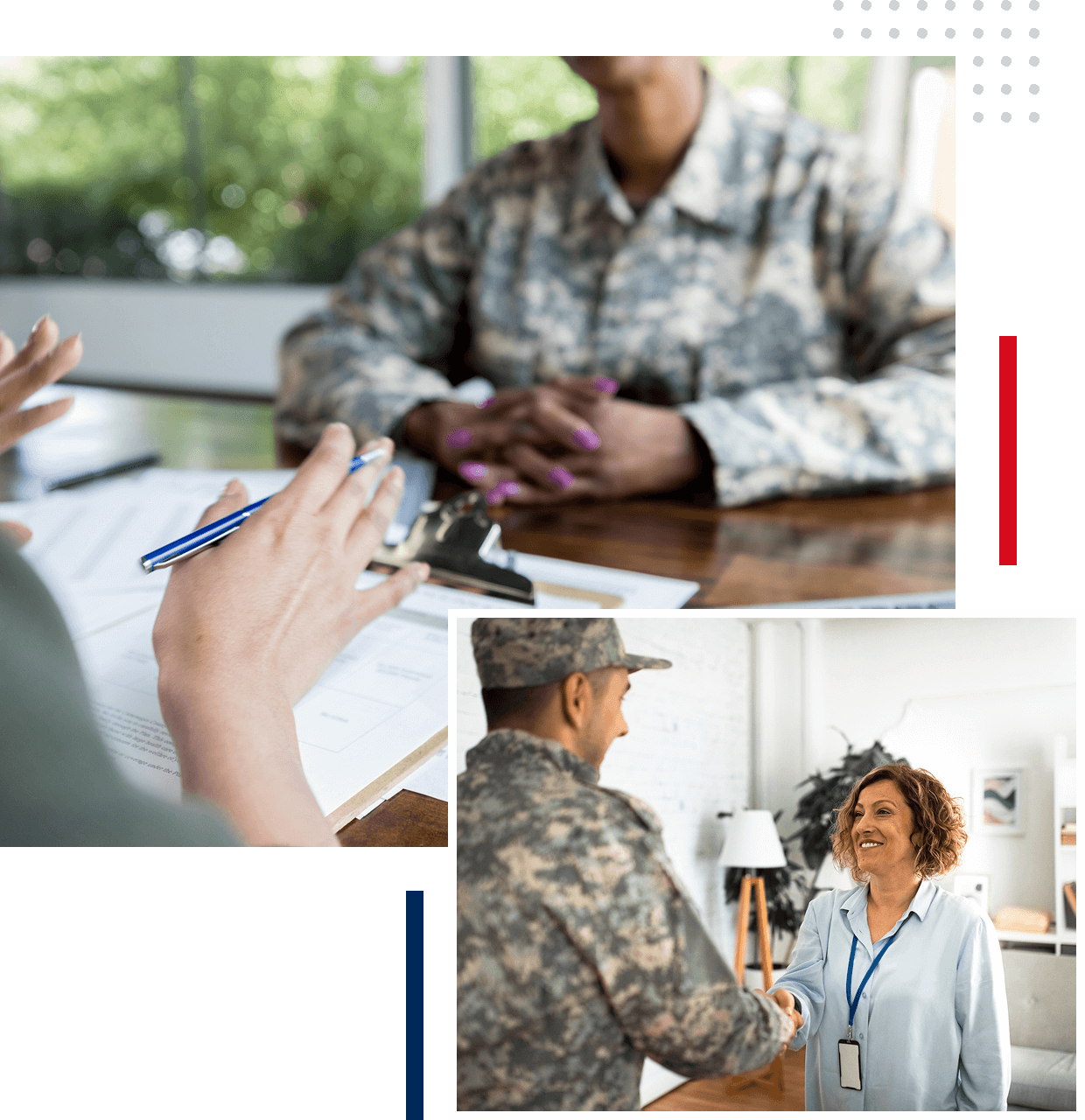 Military personnel in meetings and handshake.